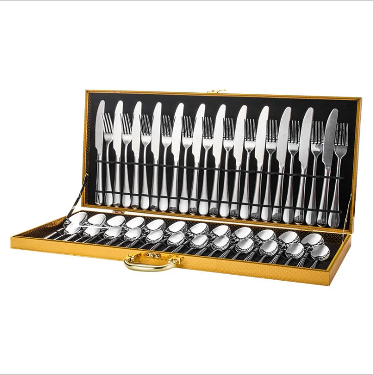 48pcs Modern Gold Plated Stainless Steel Flatware Set Shiny Gold Cutlery with Wooden Case for Hotels Present Packaged Wood Box