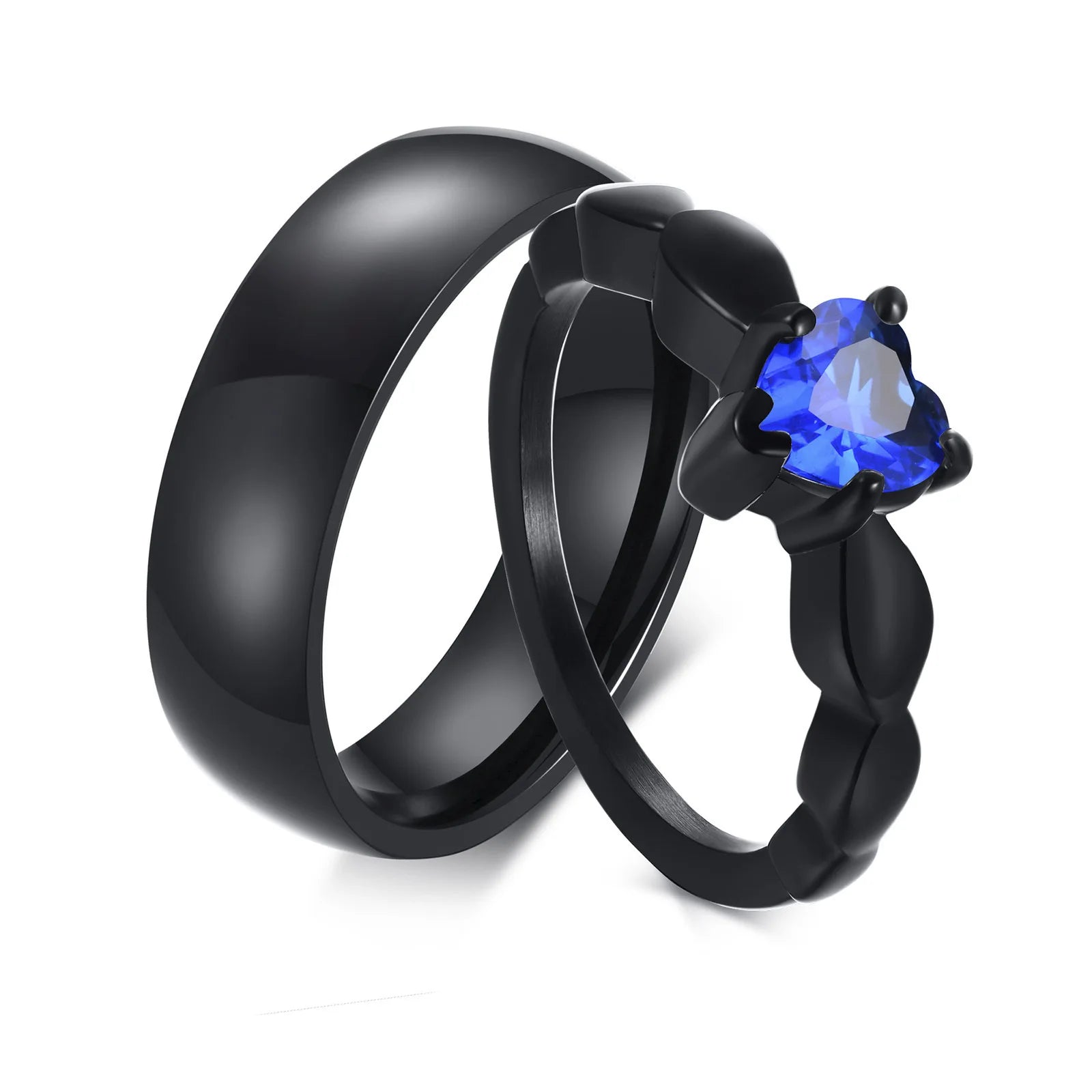 Trendy Black Stainless Steel Love Wedding Rings Luxury Cubic Zirconia Heart Shape Blue Zircon Couple Rings for Women Men
