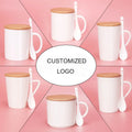 Custom Logo 11OZ Porcelain White Ceramic Coffee Tea Milk Mug with Bamboo Lid and Spoon for Sublimation Great Accessory Gift