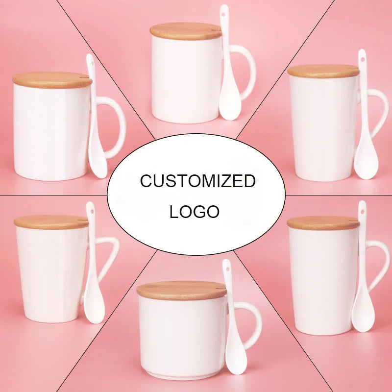 Custom Logo 11OZ Porcelain White Ceramic Coffee Tea Milk Mug with Bamboo Lid and Spoon for Sublimation Great Accessory Gift