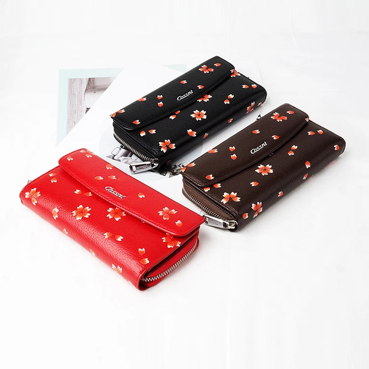 Fashion Flower Pattern Good Full Grain Genuine Leather Long Zipper Hasp Women Wallet