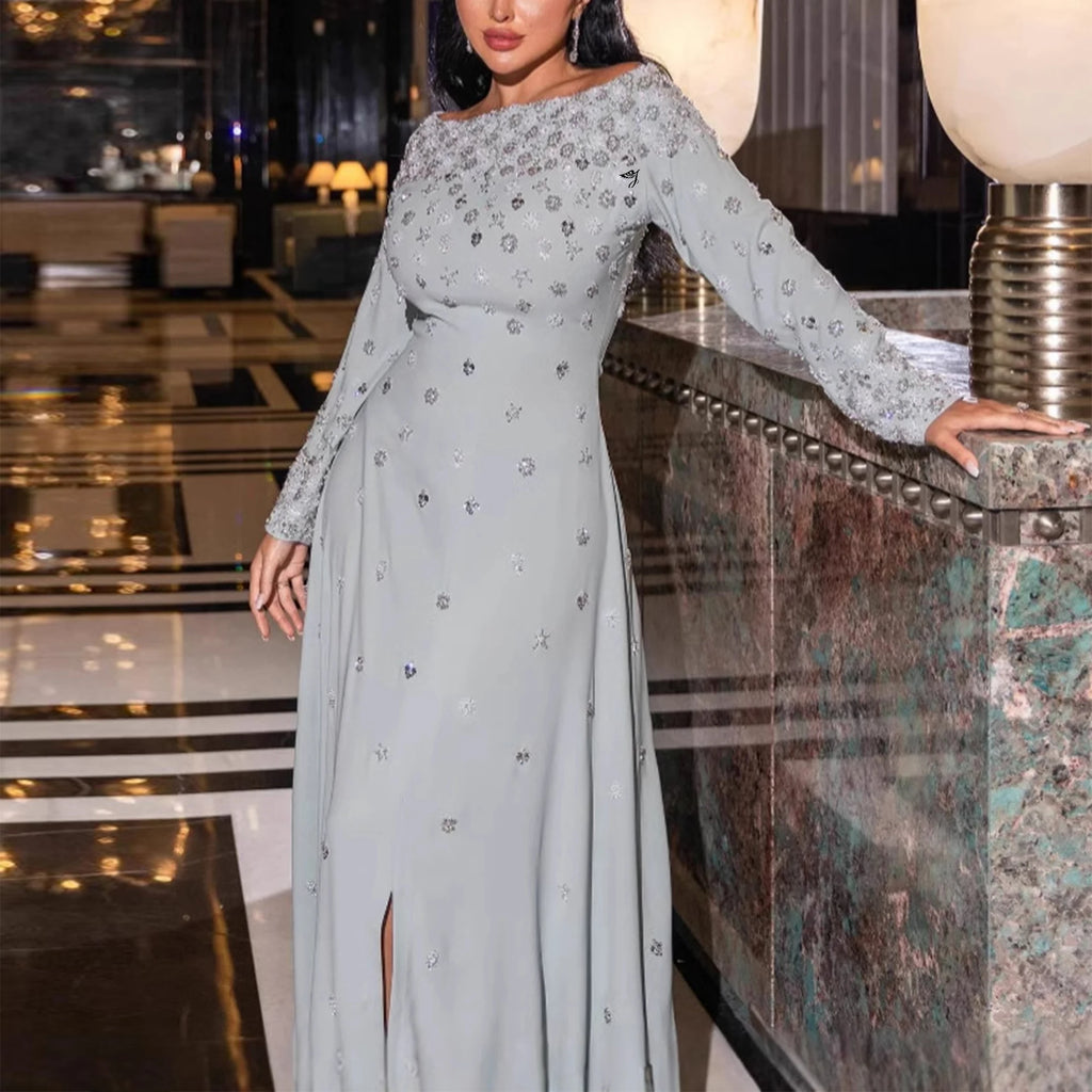 Brand Customization Elegant Long Dress with Hot Diamond Formal Slit Light for Prom and Party Banquet Slim Dress