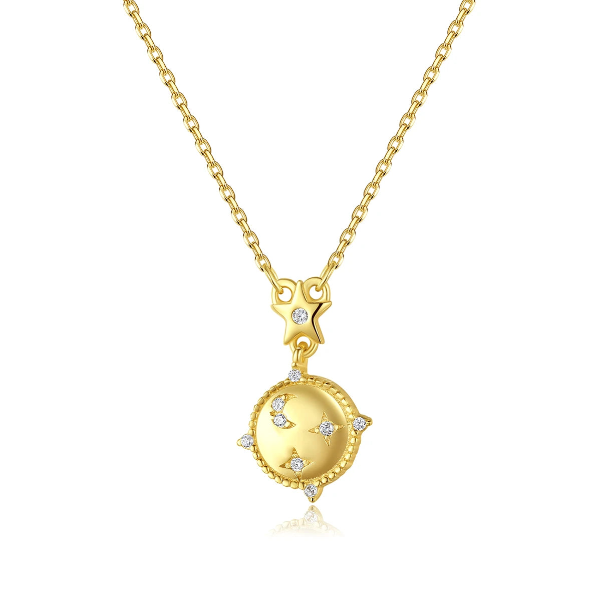 Minimalist Jewelry 14K Gold Plated 925 Sterling Silver Star Moon Print Coin Necklace Circle Zircon Fashion Jewelry Wholesale