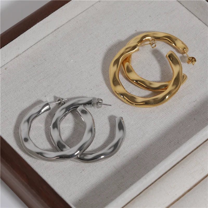 JOOLIM High End 18K Gold Plated Classic Big Irregular Hammered Stainless Steel  Hoop Earrings for Women Fashion Jewelry
