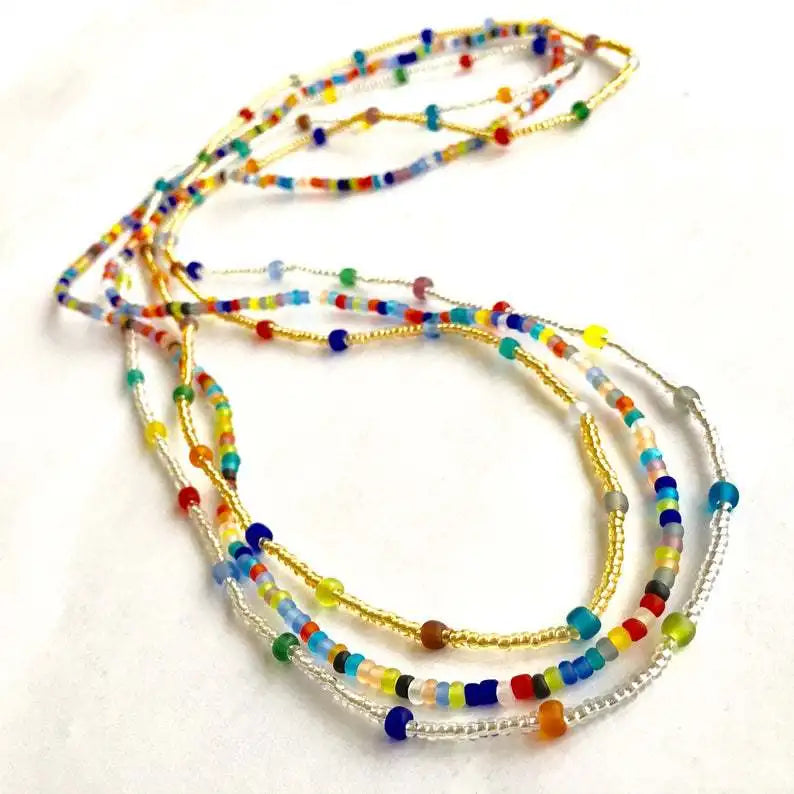 Popular Handmade Glass Seed Beads 3 Pieces Pack rainbow Waist Beads Belly Chain Body Jewelry for Women Elastic Cord 80cm
