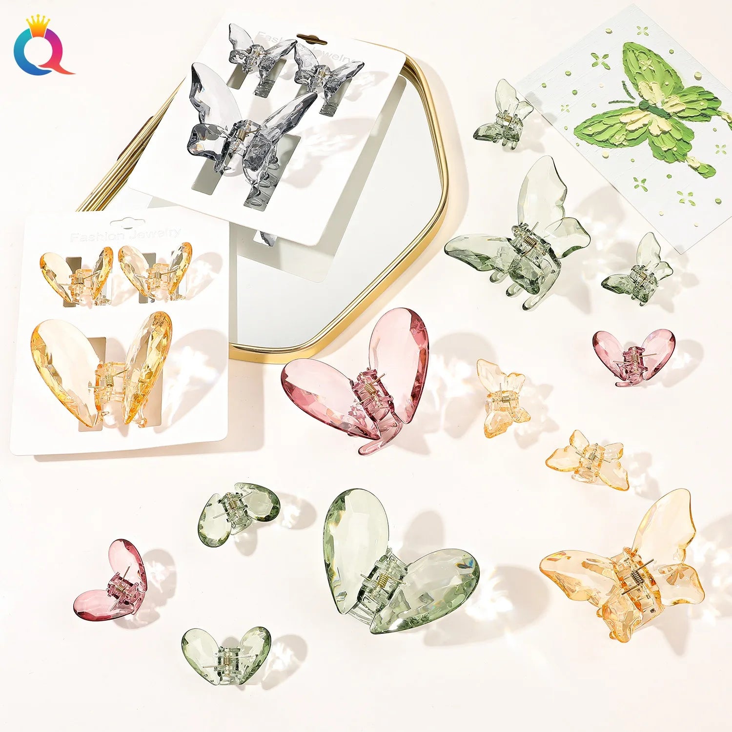 QIYUE Transparent butterfly Hair Clip Colorful Heart Shaped Shark Hair Clip Three-piece love Grab Clip Set