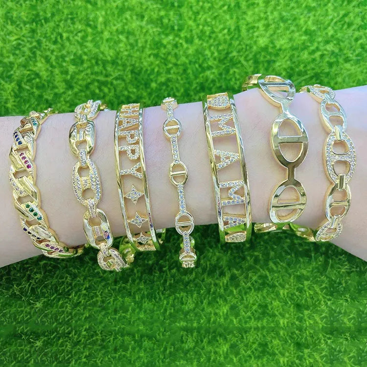 BC2043 18K Gold Plated Brass Bracelet CZ Micro Pave  Coffee Bean Link Chain Hand Cuff Bangle Bracelet