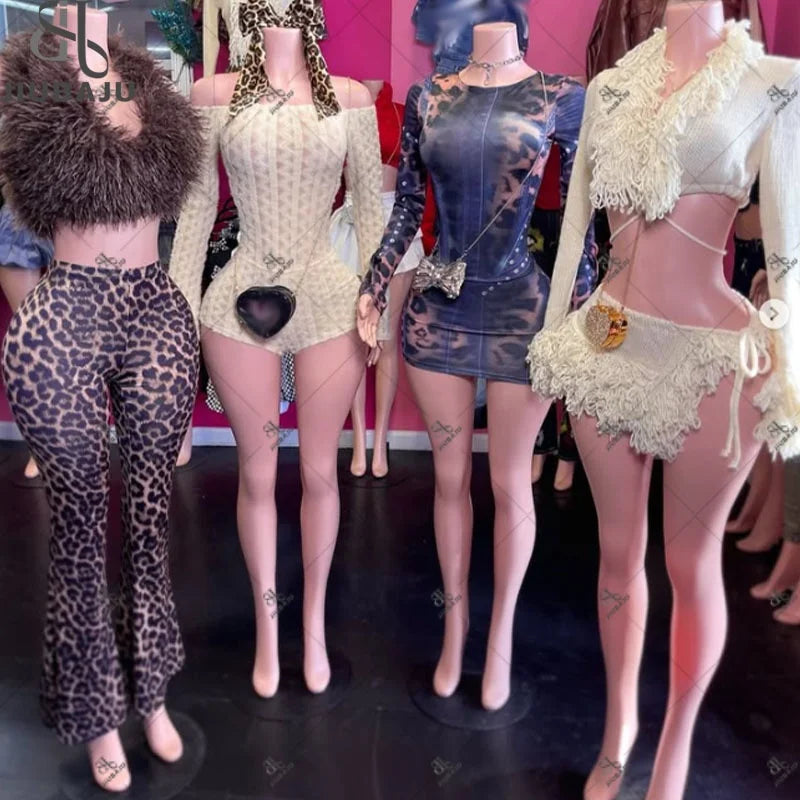 Y2k Fashion Backless Off Shoulder Jumpsuit for Women Fur Halter Tops and Leopard Print Pants Suits