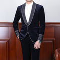Men's Retro Ribbon Suit Dress British Gentleman Style Dark Blue Corduroy with Single Breasted Closure Zipper Fly Adult Fashion
