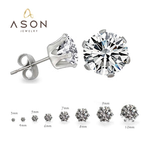 Ason Fashion Jewelry Stainless Steel Stud Earrings Hypoallergenic Cubic Zirconia 18K Gold Plating White CZ Earrings for Women