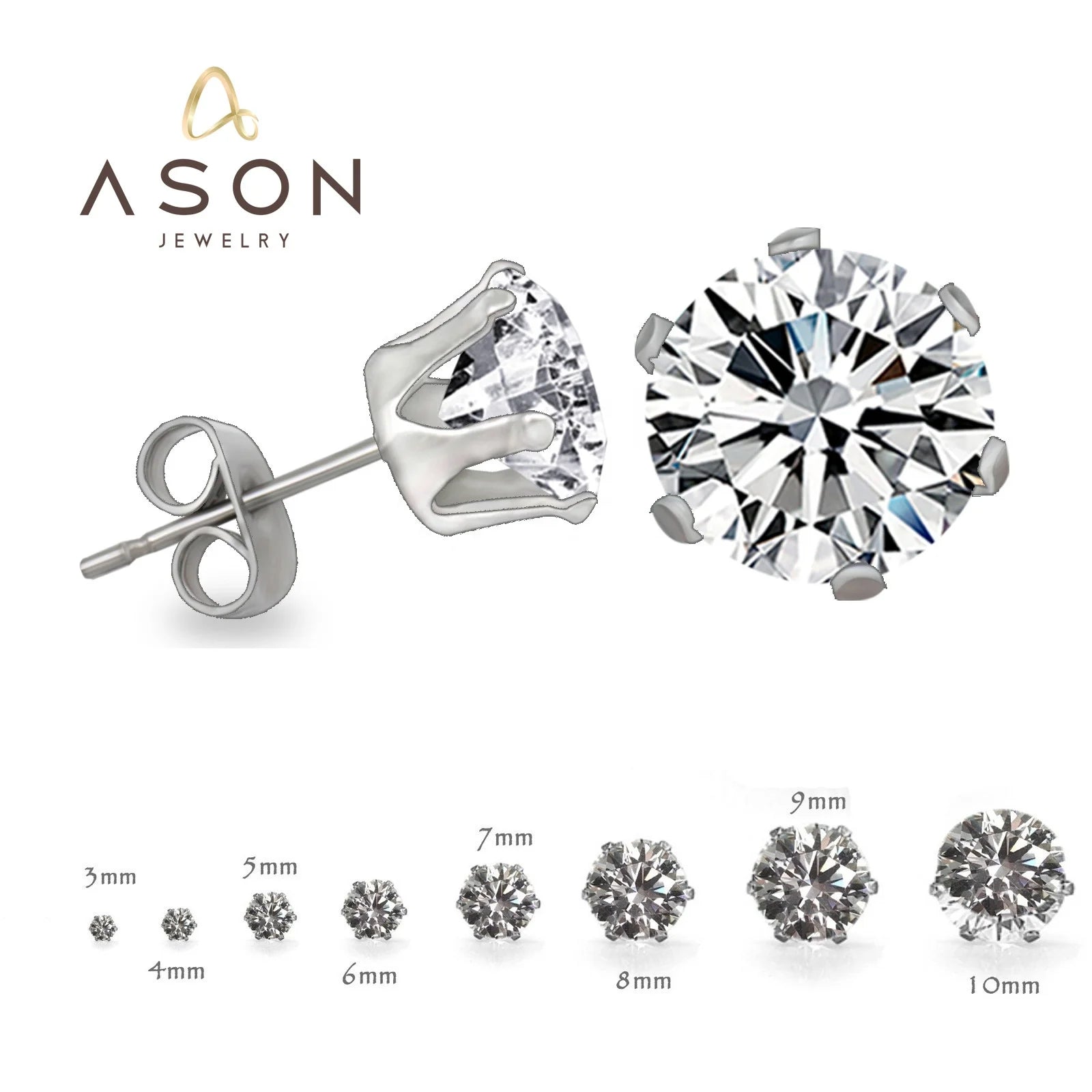 Ason Fashion Jewelry Stainless Steel Stud Earrings Hypoallergenic Cubic Zirconia 18K Gold Plating White CZ Earrings for Women