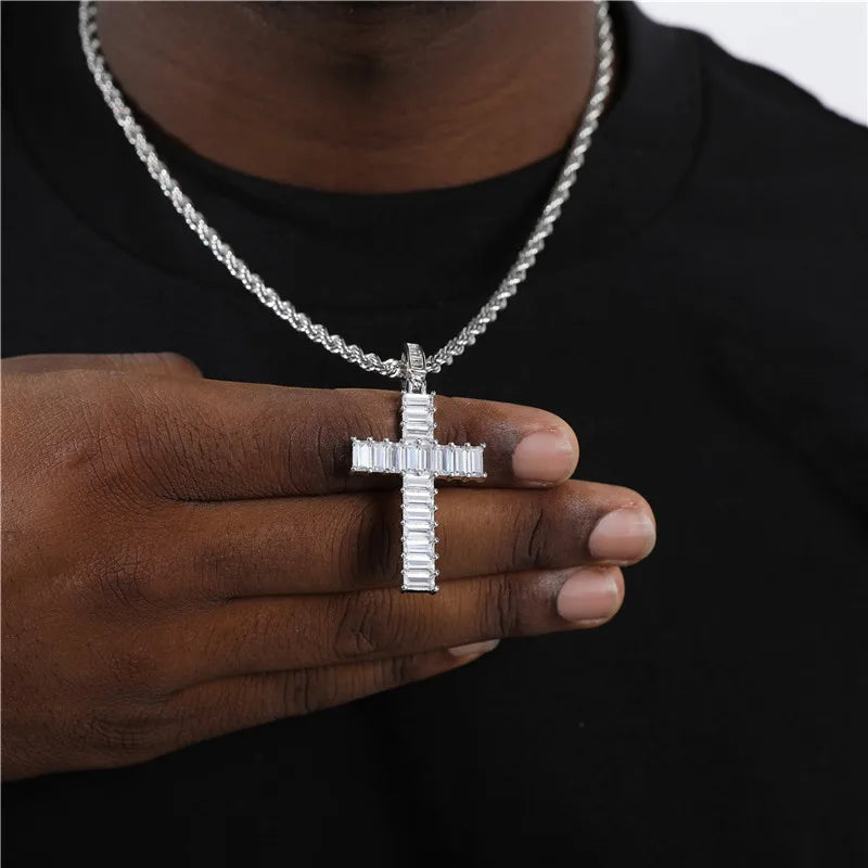 De Rapper Bling Fine Jewelry Rhodium Plated 925 Sterling Silver Baguette VVS Moissanite Iced Cross Pendant Hip Hop Necklace