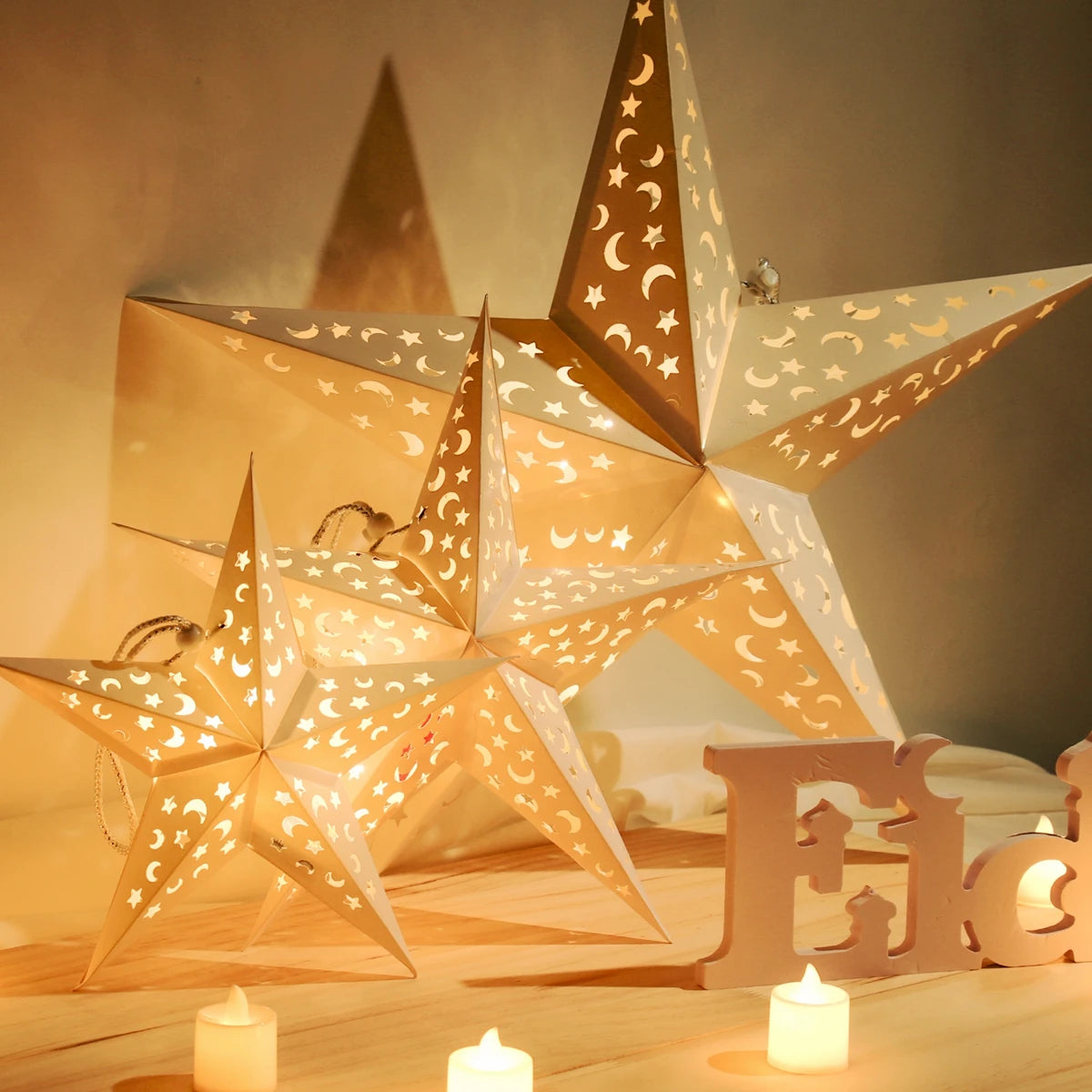 Eid Mubarak Diwali Decorative Hollow Paper Star Hanging Lantern Led Light Pendant for Home Islam Muslim Ramadan Party Supplies