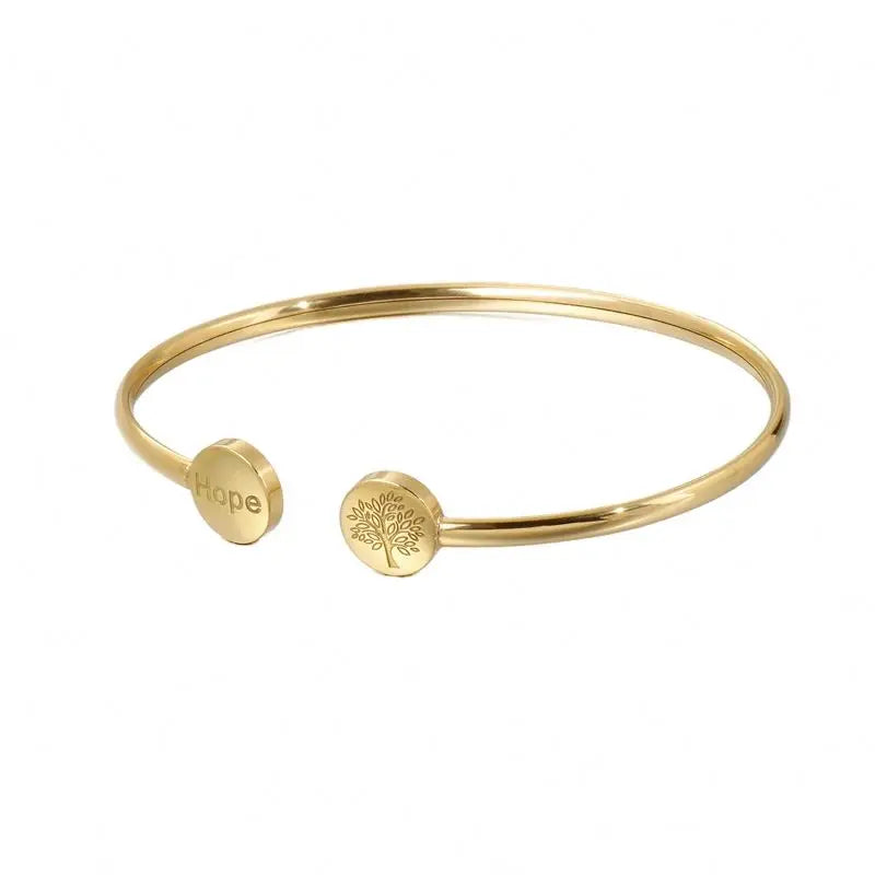 SY 18K Gold Plated Stainless Steel Adjustable Cuff Bracelet with Letter Hope and Life Tree Women Accessories