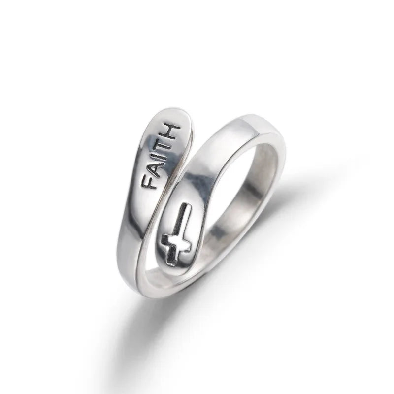 Faith Cross Sterling Silver Open Statement Rings Adjustable Minimalist Eternity Wedding Band Fashion Ring for Women Girls Men