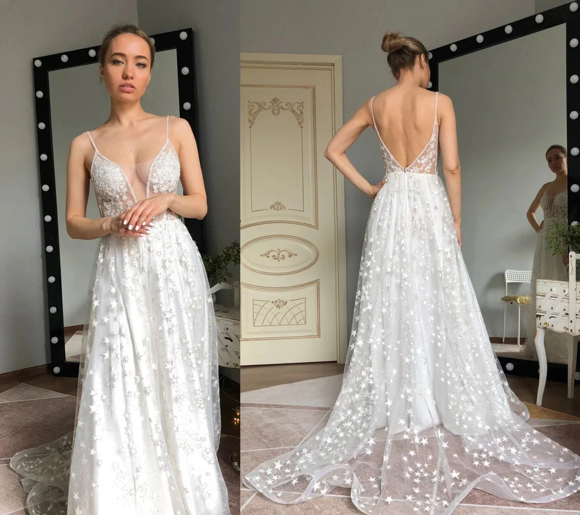 11981#Spaghetti Straps Bohemian Star Shiny Lace A-Line Elegant Open Back Vestido De Noiva Wedding Dress Wedding Bridal Gown