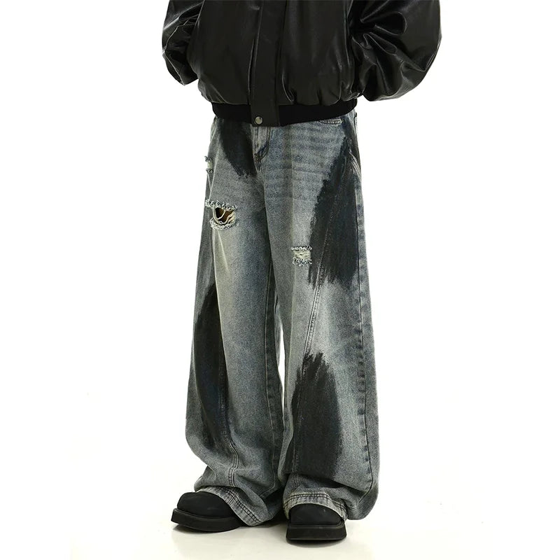 YUCHEN Custom Designer Men's Y2K Flare Jeans Loose Fit Wide Leg Denim Streetwear with Ripped Style Hip Hop Fashion Baggy Jeans