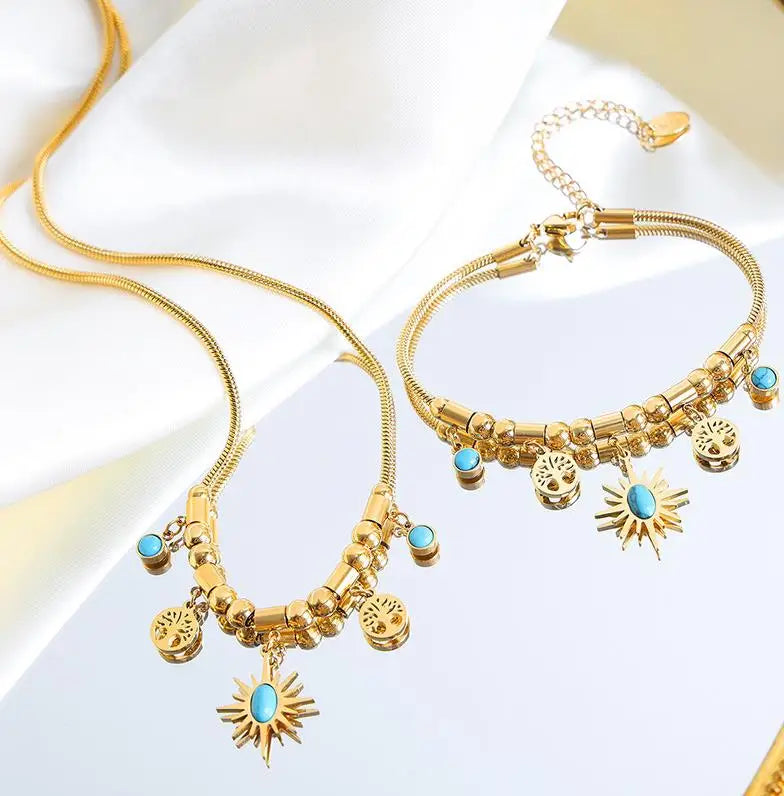 18k Simple Vintage Natural Turquoise Titanium Steel Necklace Choker Women Fashion Stainless Steel Pedant Necklace Bracelet