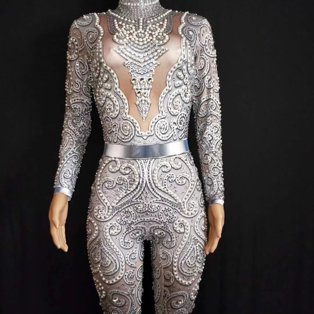 Singer Birthday Party Wear Show  Spring 2022 Silver Diamond Pearl Jumpsuit Dance Club Clothing Bodysuit Maternity Clothes