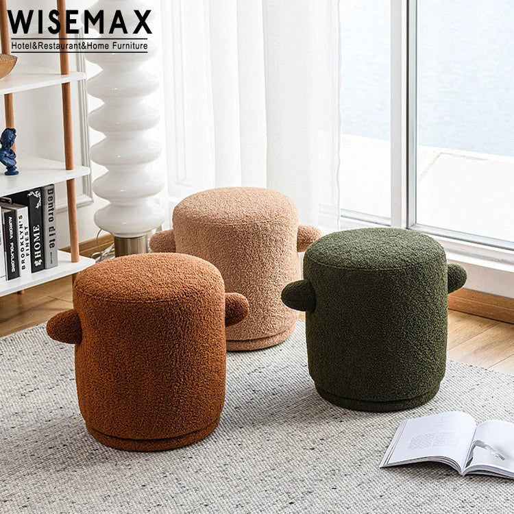 WISEMAX FURNITURE Hot Selling Home Furniture Modern Wood Frame Sponge Ottoman Round Teddy Fabric Ottoman for Hallway