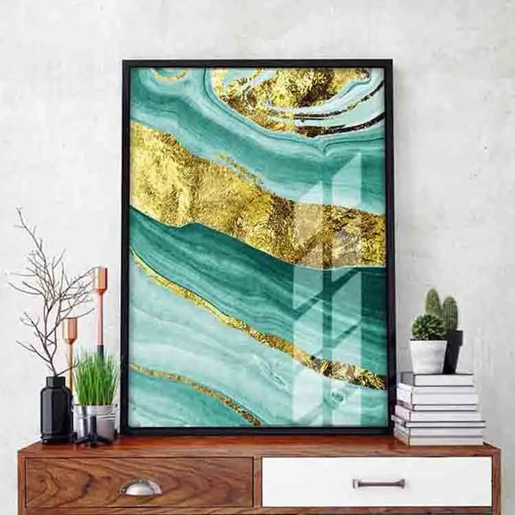 Hotel Project Artwork Abstract Decoration Drawing Model Emerald Texture Hanging Painting Golden Luxury Customised Canvas Style