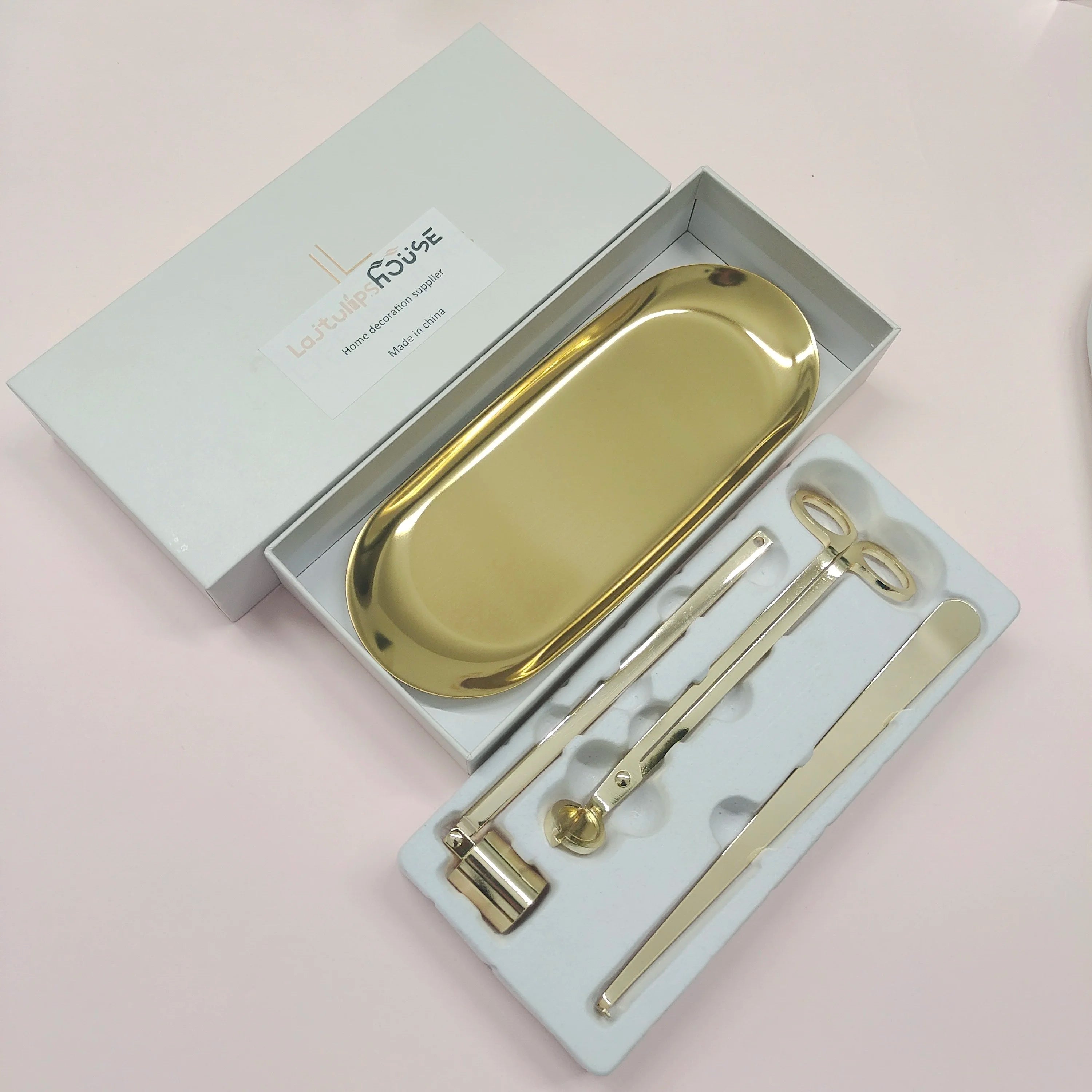 Laj Tulips House Wholesale Modern Stainless Steel 4-Piece Wick Trimmer Set Candle Lighter Snuffer Dipper Tray Clipper Cutter