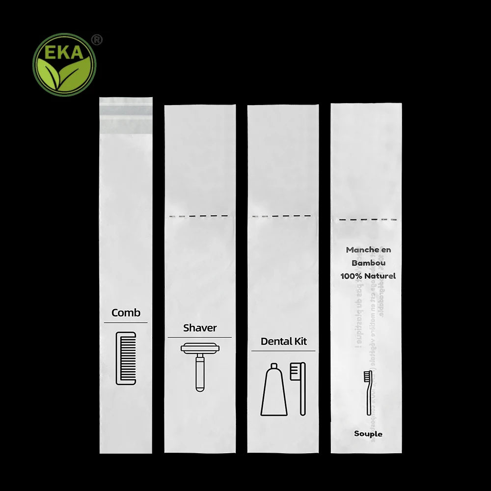 Packaging Bathroom Supplies Set Custom Eco Compostable Toothbrush and Comb Kit Bag for Hotel Hospitality Disposable Set Bag