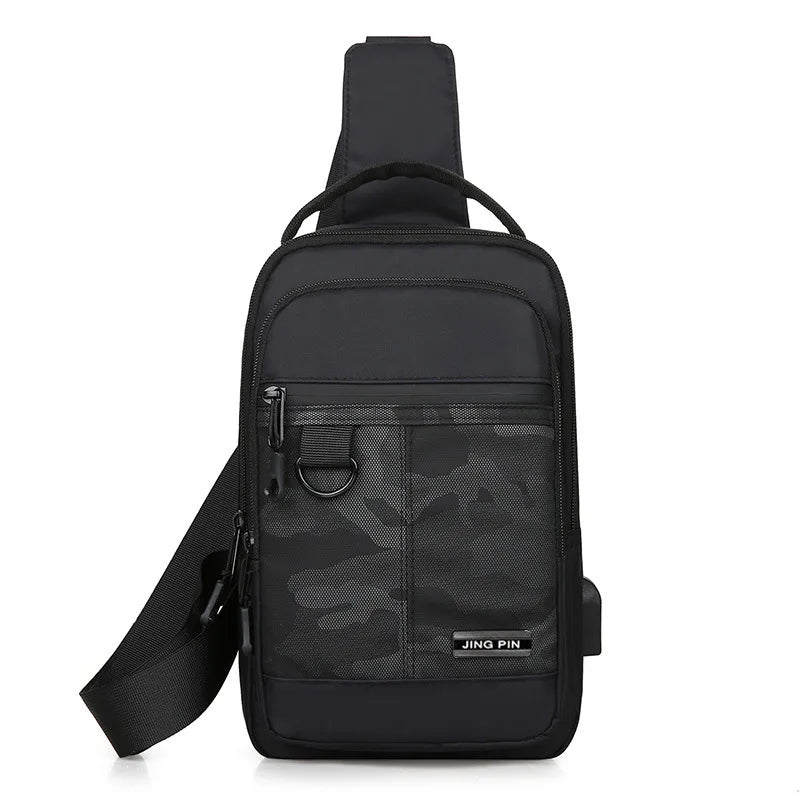 Fashionable USB Charging Chest Bag Crossbody Bag with Hang Ring Nylon Black Mini Luggage Sling Bag
