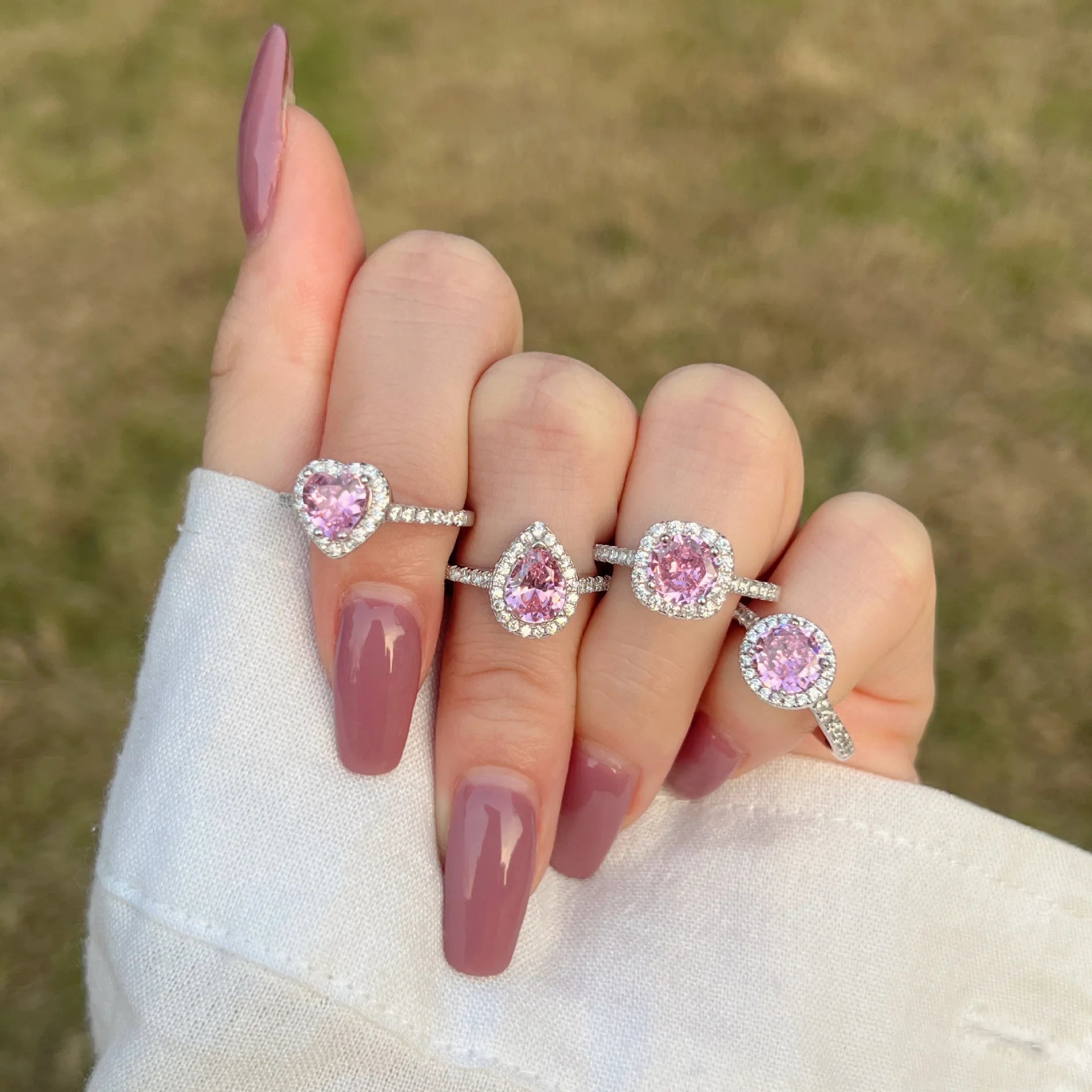 Fashion S925 Sterling Silver Pink Diamond Ring Love Drop Bow Full Diamond Zirconium Ring Ring for Women