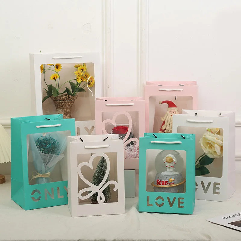 Wholesale 2023 Valentine's Day love Flower Florist Bouquet Square Packaging Bag Gift Bag With Window