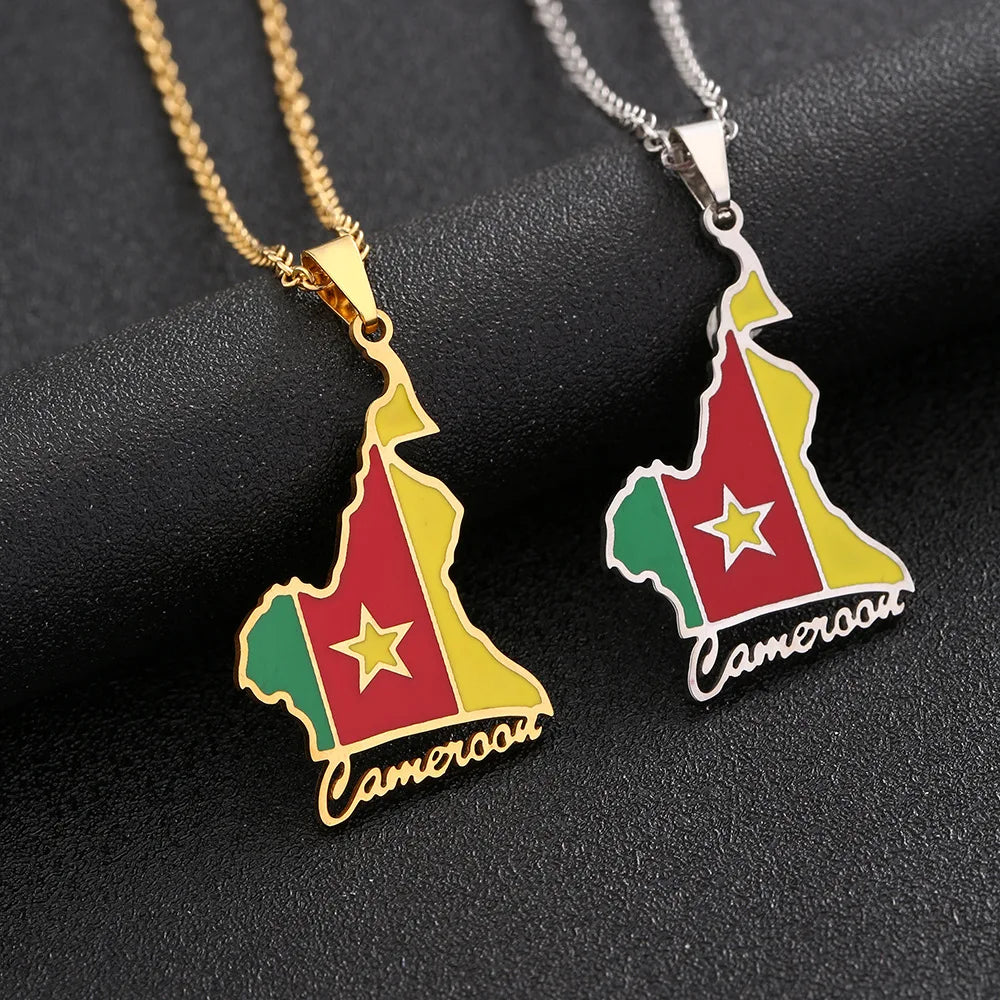 Enameled Cameroon Map Chain Necklaces Stainless Steel 18K Gold Plated Enamel Cameroon  National Flag Map Pendant Necklace
