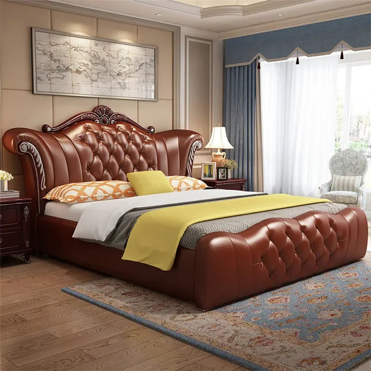 Bedroom Set Luxury Queen king Size Modern Comfortable Leather Royal Wooden Home Furniture Hotel Solid  with Drawers Bedroom Sets