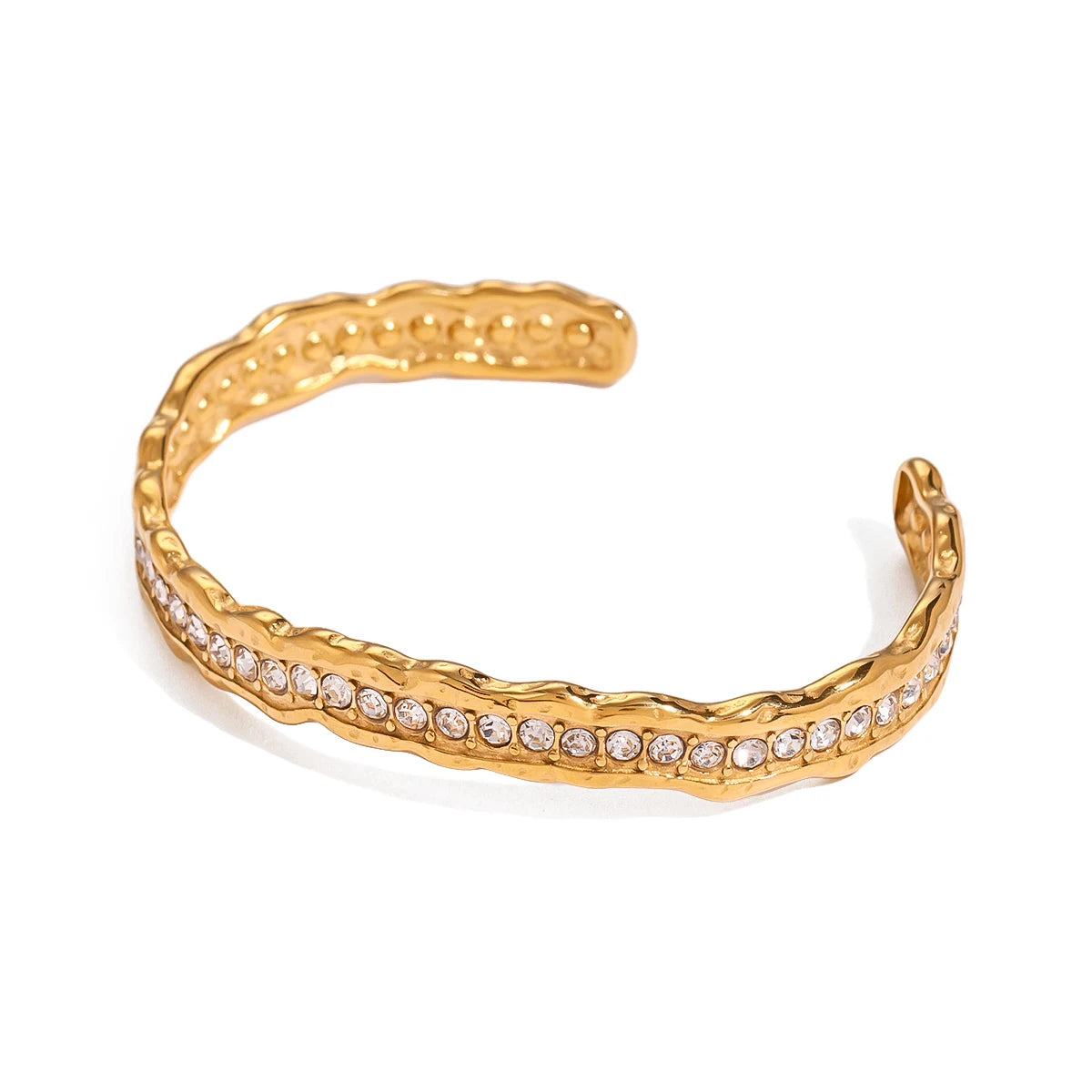 J&D White Rhinestone ZIRCON Irregular Hammer Wave Bracelet 18K PVD Plated Stainless Steel Bracelet  for Women