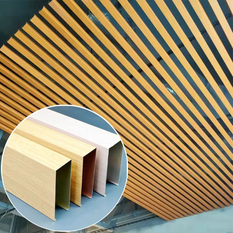 Aluminum Wood Ceiling Strip U-shape Square Tube Wood Grain Suspended Ceiling with Ceiling Grid