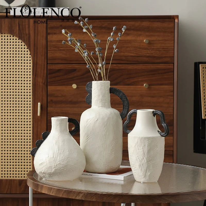 Flolenco White Ceramic Flower Vases Nordic Style Home Decor Interior Tabletop Living Room Decoration Ceramic Vase