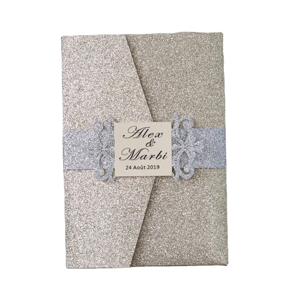 Laser Belly Band Glitter Pocket Birthday Invitation Cards with Details Cards