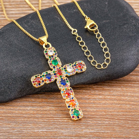 QIKU Classic Cross Shape 6 Colors Rhinestone Pendant Women Necklace Copper Zircon Religious Jewelry Gift Wholesale Dropshipping