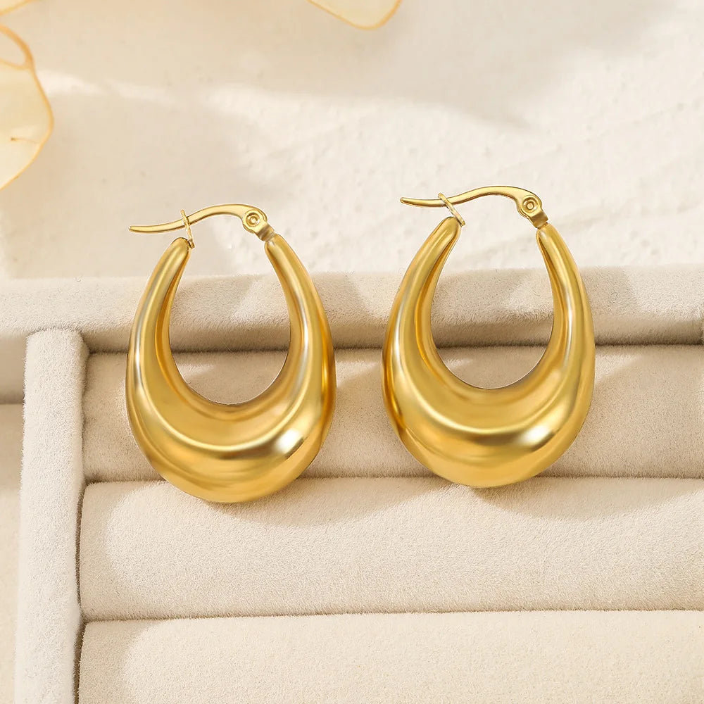 18K Gold Plated Stainless Steel Titanium Steel Geometric Oval Hollow Big U Shape Hoop Buckle Earrings for Women