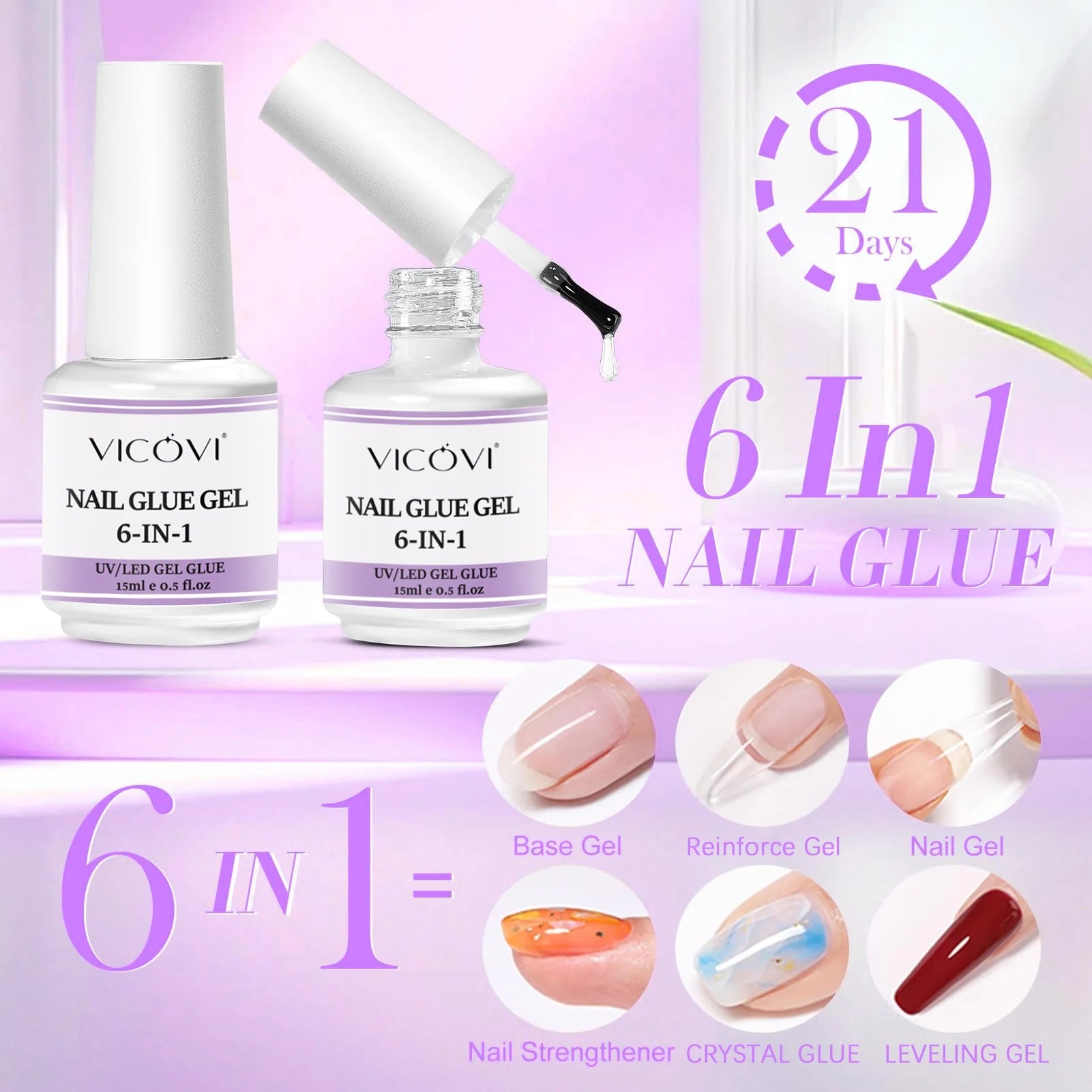 Multi-Functional 6-in-1 Nail Gel Polish Construction Reinforcement Base Coat Adhesive Rhinestone Nail Glue