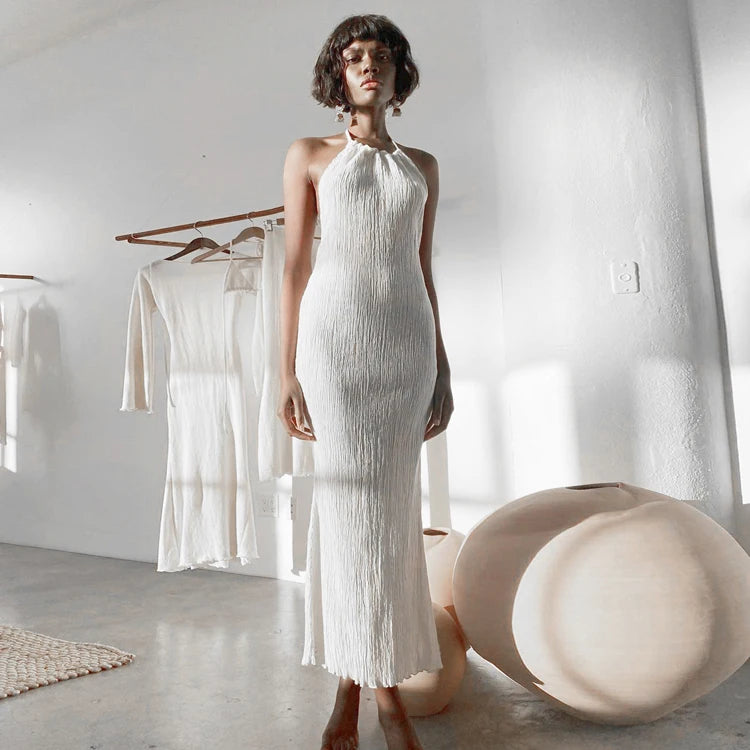 Chic Fashion 2023 Elegant Halter Chiffon Slit Vetements-Femme- Backless White Summer Maxi Dress Ladies