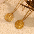 X112 Wholesale Vintage 18K Gold Plated Stainless Steel Pendant Necklace 3D Sun with Zodiac Sign Engraved Charm Necklace Jewelry