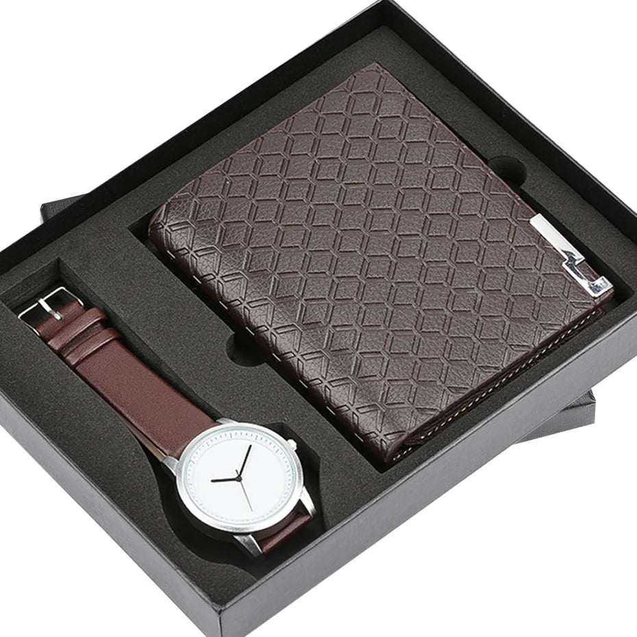 Beautifully Gift Box Packaged 2-Piece Business Gift Set for Men Xmas Gift Luxury PU Leather Strap Watch Short Wallet Solid
