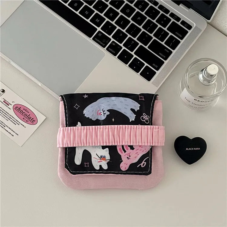 Girls Women Eco-Friendly Sanitary Pad Storage Bag Faux Suede Hasp Closure Jewelry Packaging Flap Fashion Cartoon XXN