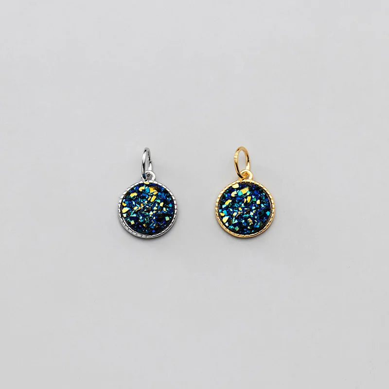 9mm Round Druzy Charm 925 Sterling Silver Bezel Round Gemstone Charms for Jewelry Making