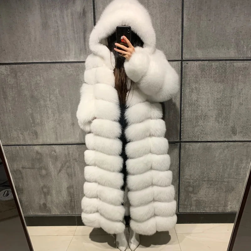 X-Long Women Fox Fur Coat Winter Thick Warm Ladies Hooded Long Fur Coat Streetwear