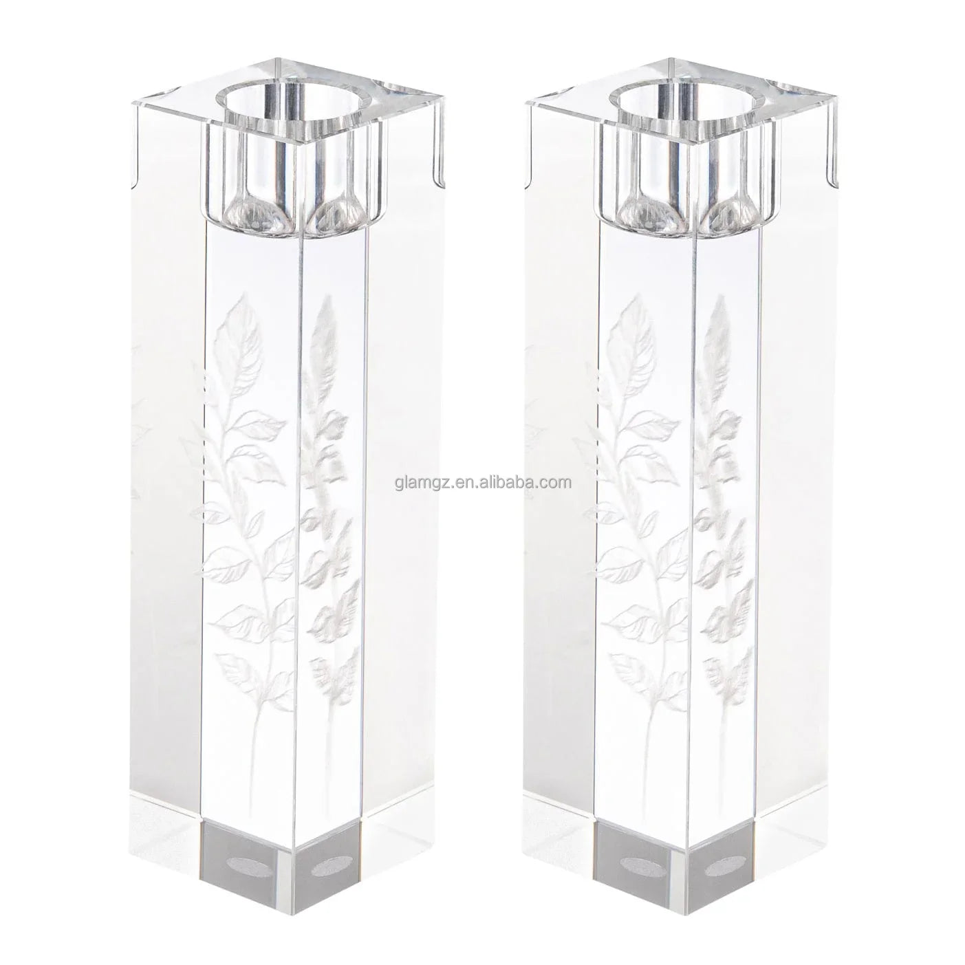 Judaica Jewish Transparent Engraved Leaf Design Lucite Engraved Crystal Candlesticks
