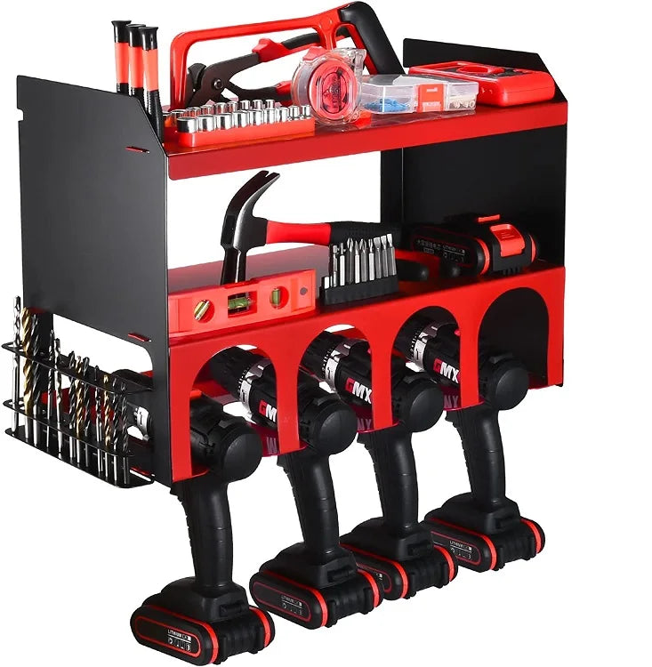 Power Tool Storage Metal Organizer Cordless Drill Station Wall Mount Four Drill Holder with Drill Bit Rack Garage Storage