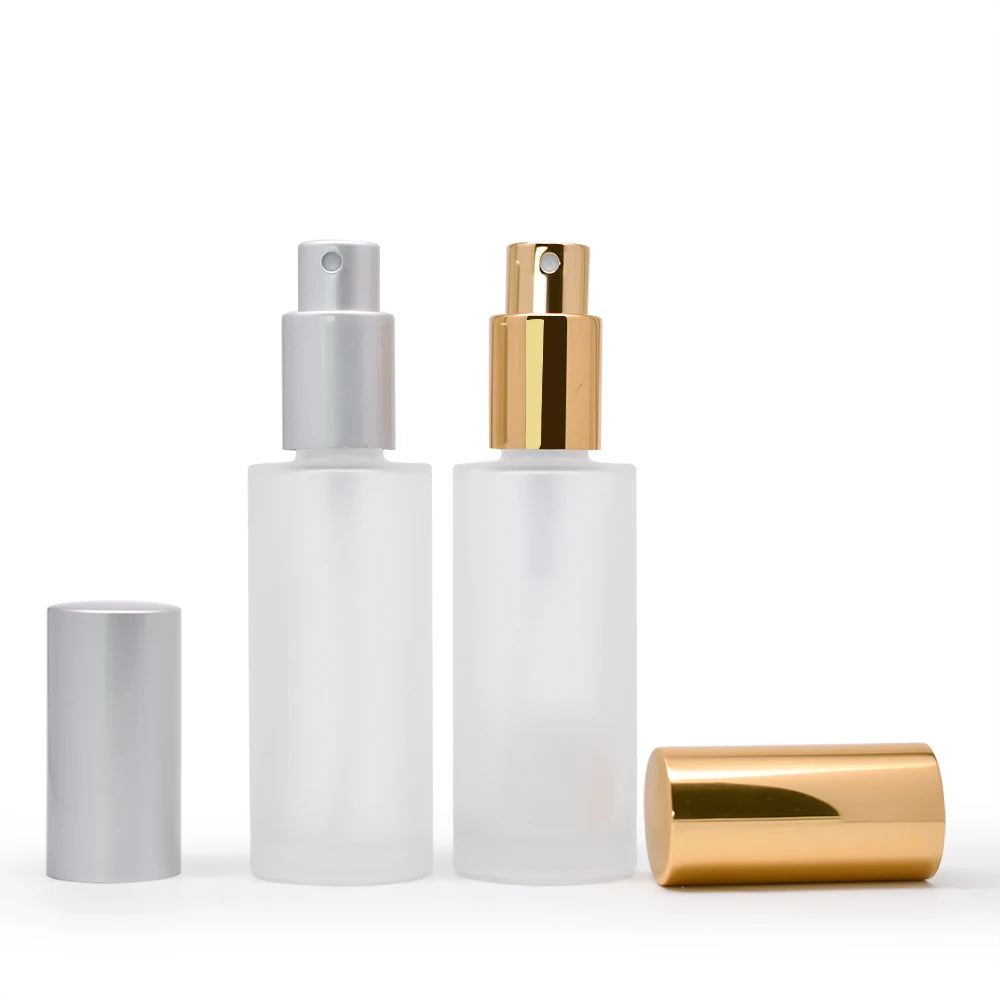 Hot sale 50ml Frosted Clear Spray Cosmetic Lotion Perfume Glass Spray Bottle with Gold Silver Spray Pump