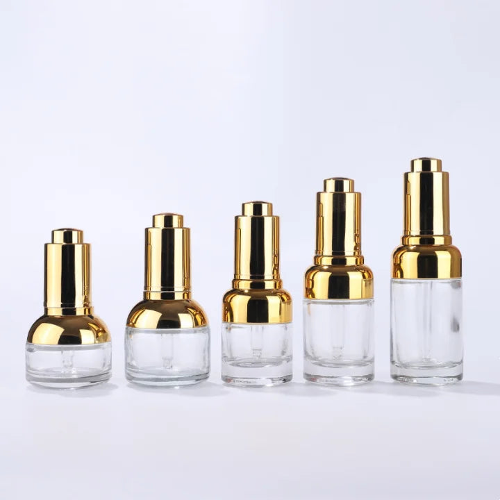 Empty Skincare Cosmetic Packaging 20ml 30ml 50ml Round Screw Neck Golden Silver Oil Dropper Glass Bottle