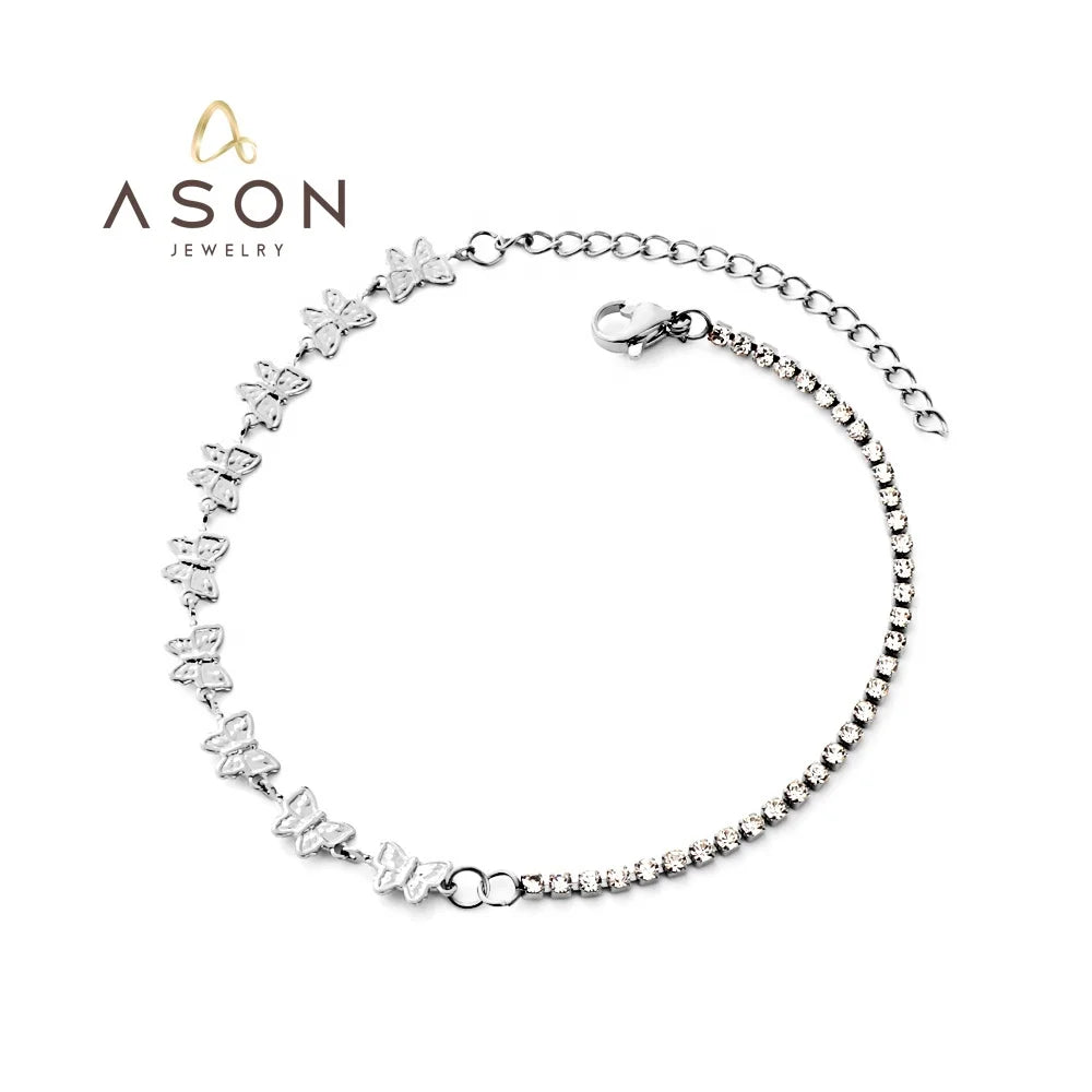 Ason Exquisite Waterproof Fashion Jewelry Women Zircon 18k Gold Plated Stainless Steel Anklet Butterfly Diamonds Chain Anklet